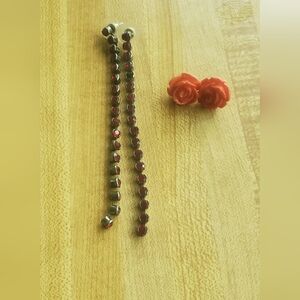 Red Jewel Drop and Rose Earrings